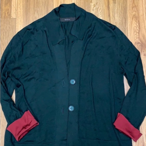 GUCCI Red & Green Silk Colorblock Cardigan Blazer Sweater w/ Hanger Large - Picture 3 of 10